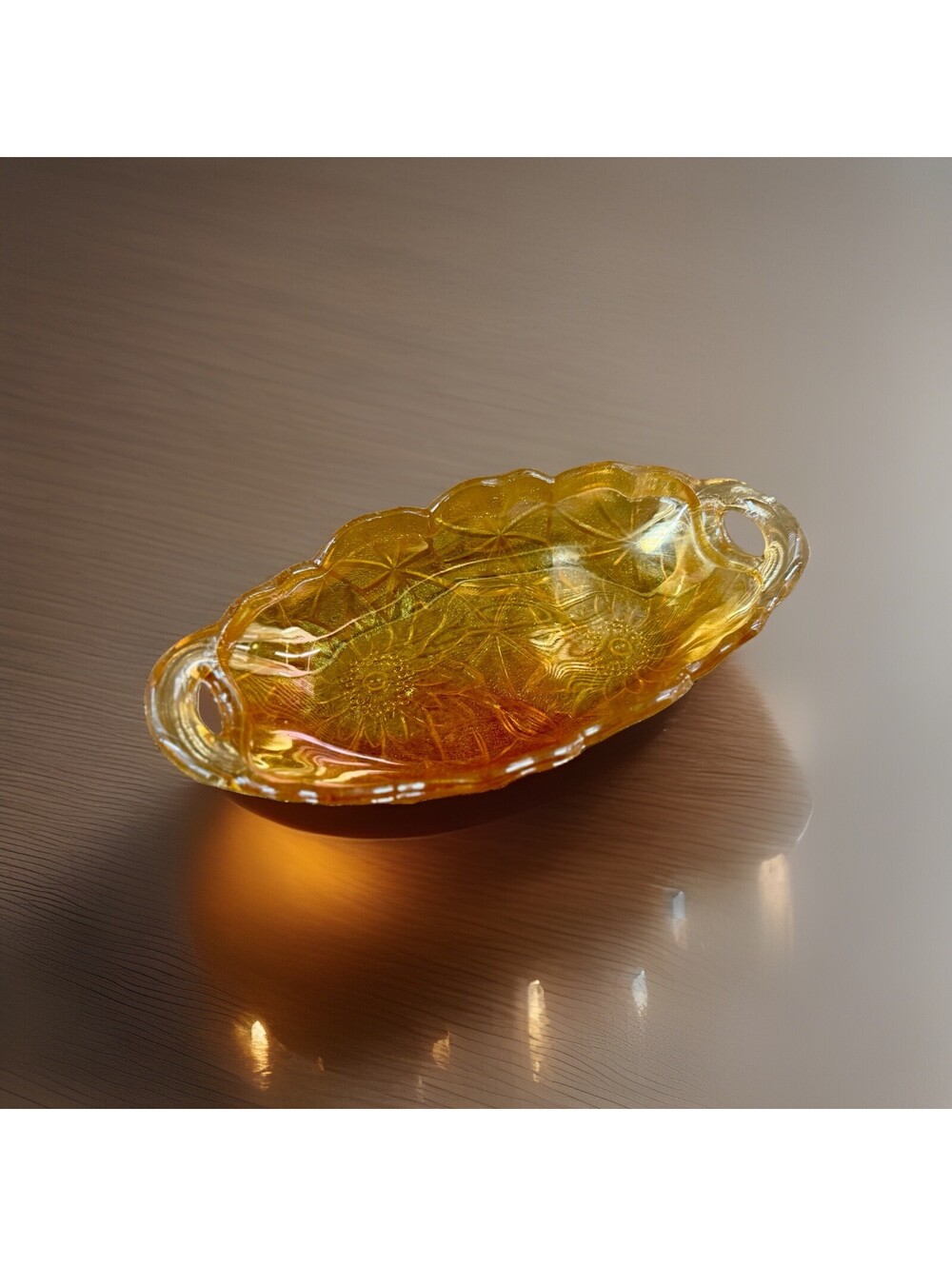Vintage Indiana Carnival Glass Lily Pons 605 Celery Dish Amber Gold 9.5 Inch